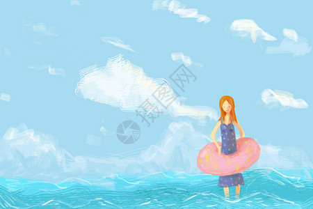 粉色蓝色系兔子夏天海边插画