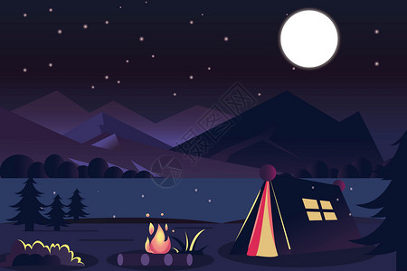 夜晚野营山湖和星空高清图片