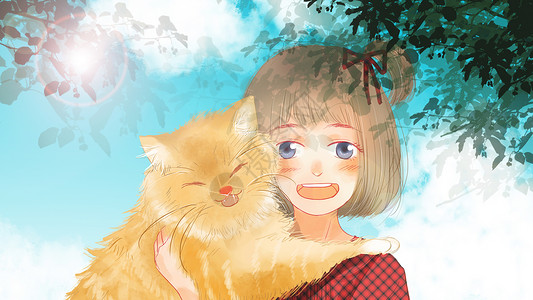 动物可爱橘猫树荫下抱着橘猫的小女孩插画