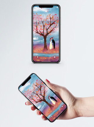 紫色爱心树树下的恋人手机壁纸模板
