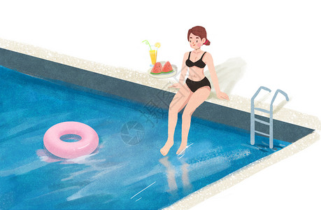 手绘卡通游泳池夏季游泳插画