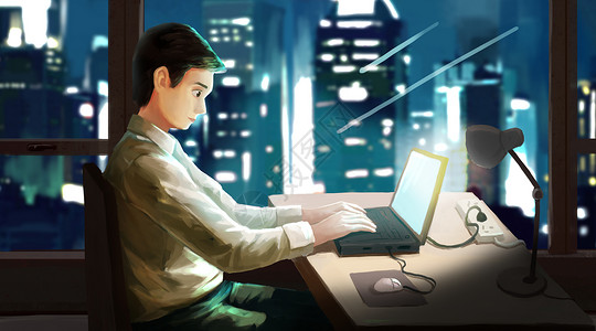 韩国夜生活深夜加班的都市上班族插画
