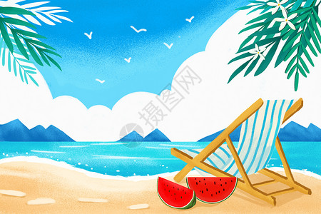 蓝色免费素材夏日海边海滩插画