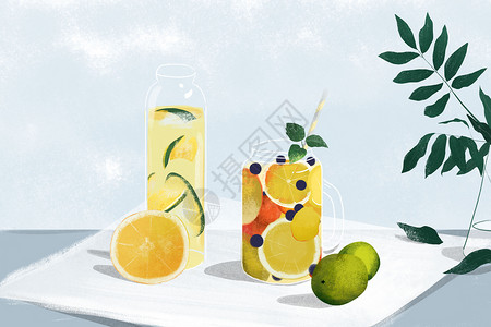两个可爱柠檬夏天冷饮插画