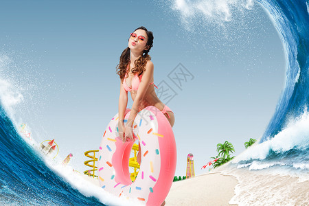 夏日可爱游泳圈夏季清凉沙滩美女设计图片
