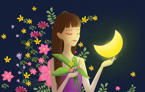 手绘植物花束女孩与月亮插画