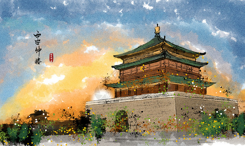 西安钟楼水墨画背景图片