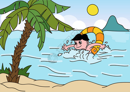 卡通男孩泳圈游泳插画