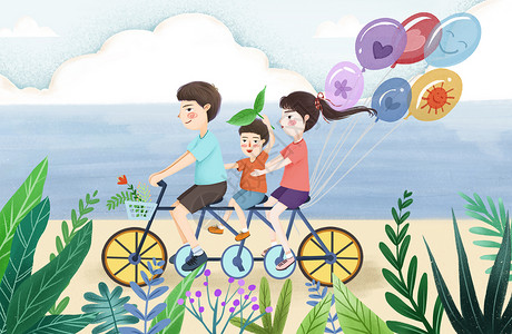 骑自行车的儿童暑假亲子出游插画
