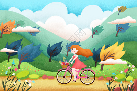 扁平山水骑自行车出游的女孩插画