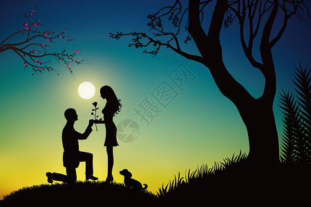 草丛剪影月光下的情侣插画