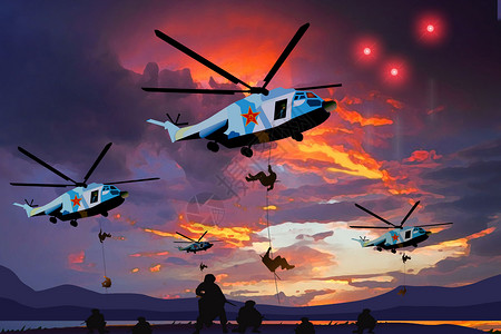 直升飞机素材八一建军节-----沙场点兵插画