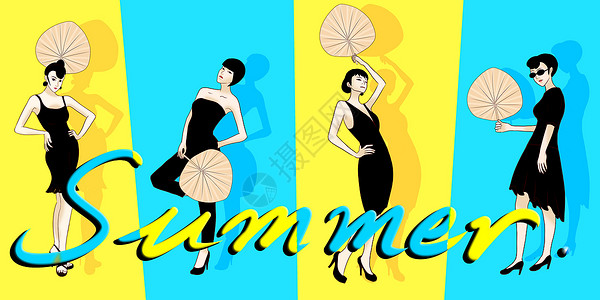 夏天泳池美女手绘插画免费下载夏天时尚的蒲扇插画