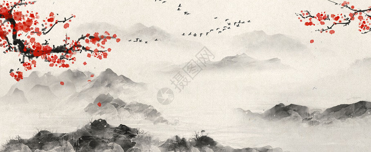 找有花的素材中国风水墨山水画插画