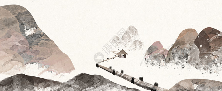 现代中式景观中国风水墨山水画插画