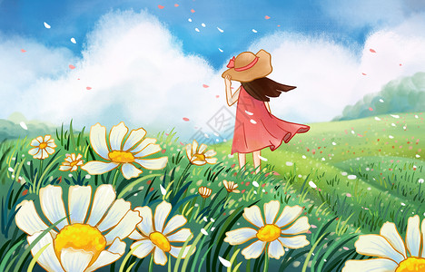 清新护眼雏菊旅途中的风景插画
