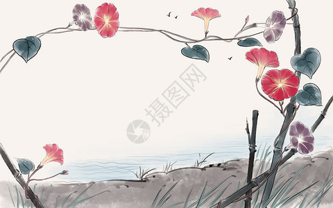 竹栏背景花卉插画