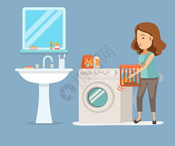 都市生活女人洗衣服做家务插画