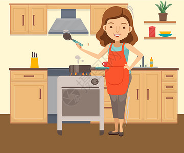 温馨家庭厨房烹饪插画