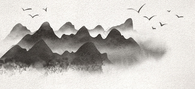 黑色喷溅墨迹中国风水墨山水画插画