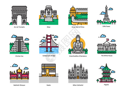 印度背景著名建筑图标icon插画
