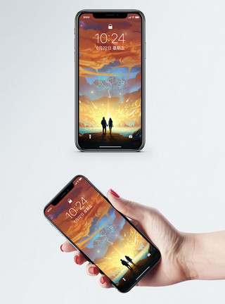 情侣携手黄昏下的情侣手机壁纸模板