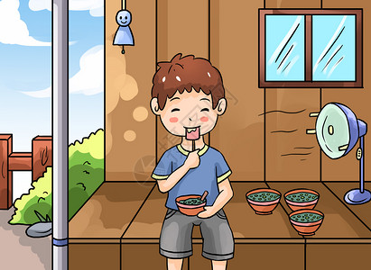 吹风扇的男孩解暑食物插画