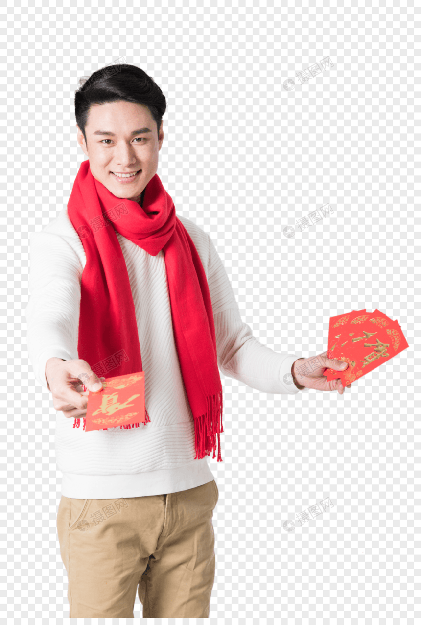 新年人像男性双手拿红包图片