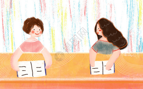 坐长椅女孩快乐学习的女孩插画