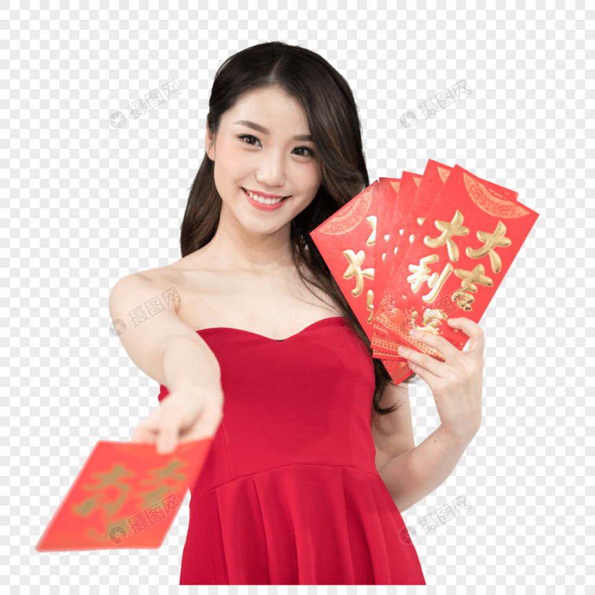 年轻女性新年发红包图片