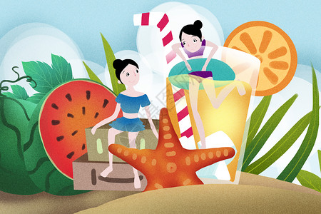 沙滩旅游广告清凉夏天插画