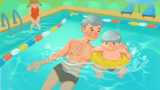 暑期亲子学游泳插画