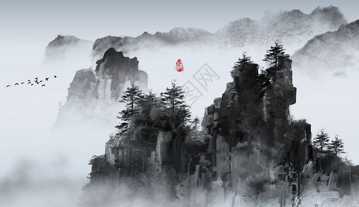百年古树中国风水墨山水画插画