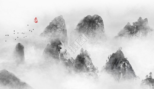 红色花的照片中国风水墨山水画插画