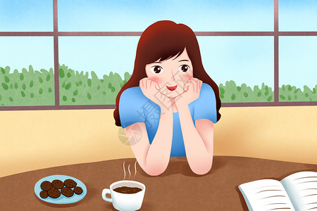曲奇和咖啡女孩喝下午茶插画插画
