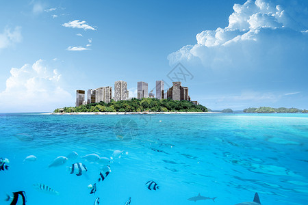 蓝色鲨鱼海上都市场景设计图片
