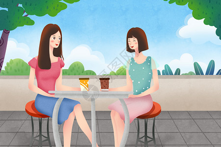 年轻美女咖啡馆闺蜜一起喝下午茶插画