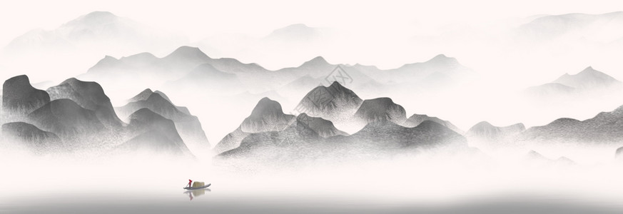 黑白低素材中国风水墨山水画插画