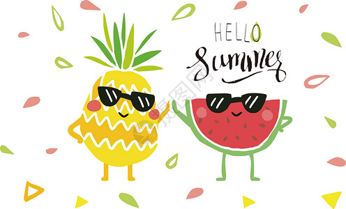 菠萝背景夏日的菠萝和西瓜卡通形象插画