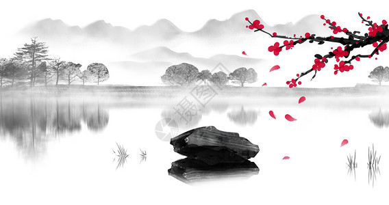 红色花朵墨迹中国风水墨山水画插画