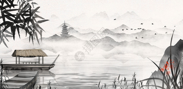 古风塔素材中国风水墨山水画插画