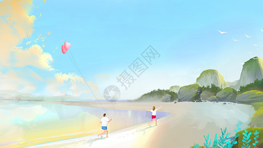海滩女孩红气球我们一起在海边插画