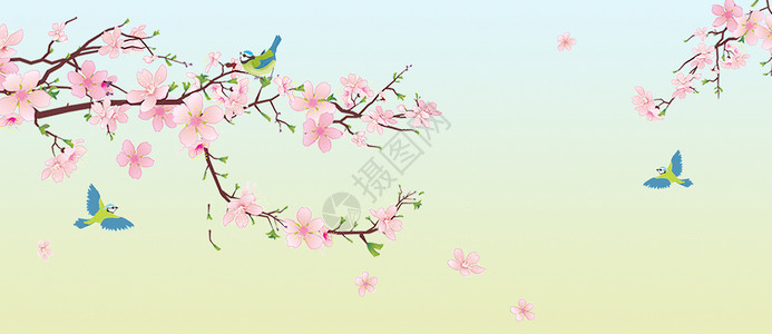 小鸟和桃花花卉背景插画