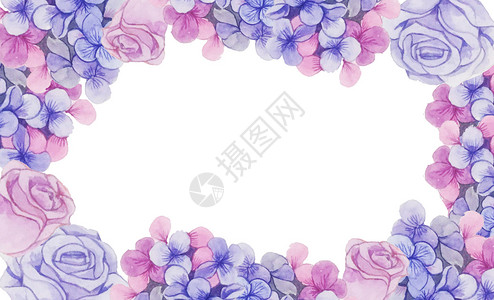 玫瑰蓝植物边框水彩花卉背景插画
