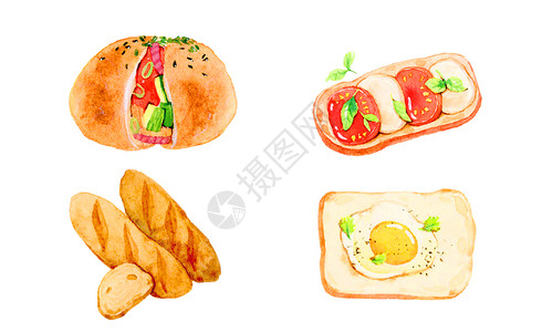 面包鸡蛋水彩美食插画插画