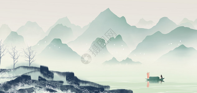 黑白系列素材中国风水墨山水画插画