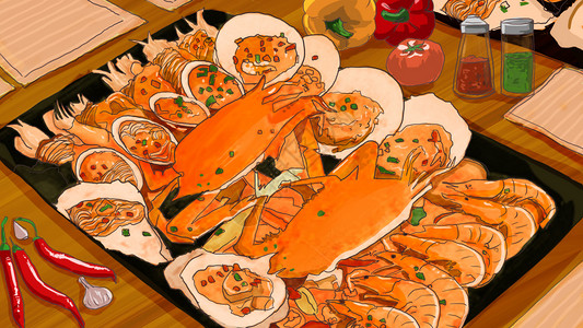 扇贝生蚝夏季海鲜美食插画插画