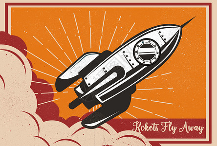 张贴画复古海报风格火箭插画插画