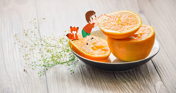 插吸管橙子喝橙汁的小孩插画