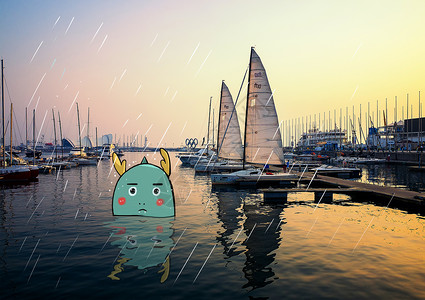 帆船港口港口淋雨的小怪兽插画